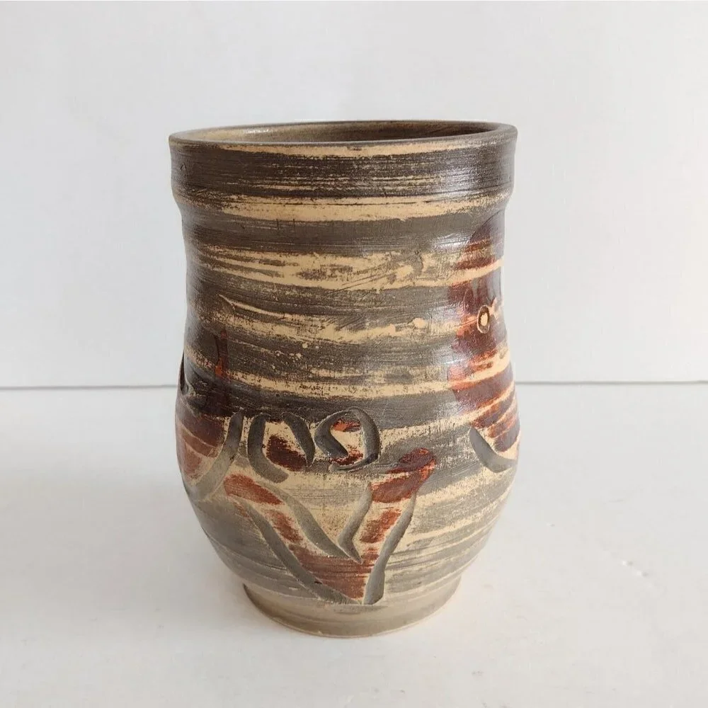 Vintage Signed Studio Art Pottery Vase Hand Painted Ram Goat? Abstract Art Brown